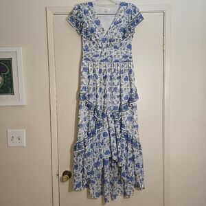 Blue Floral Maxi Garden Party Prarie Dress Feminie Ruffle Details Size Small